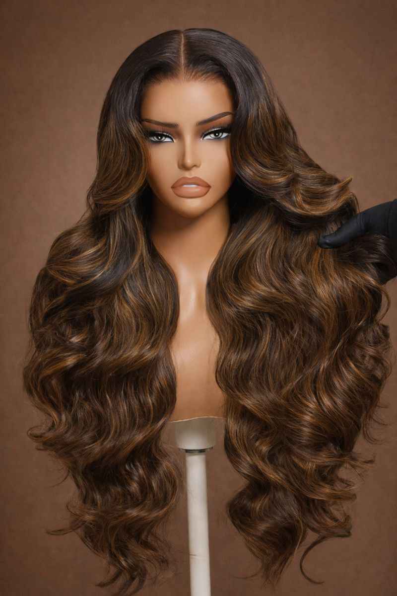 Black Brown Ombre Highlight Body Wave Lace Front Human Hair Wig