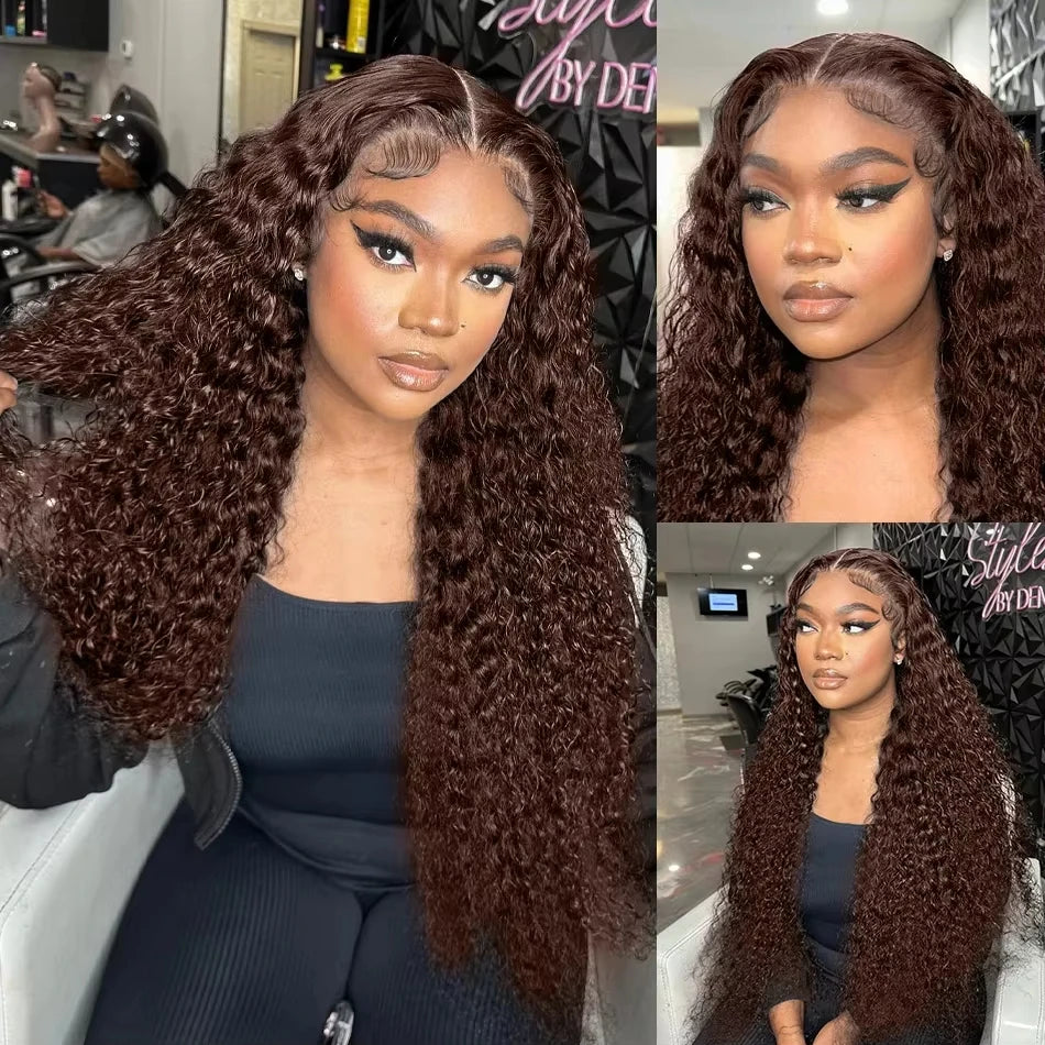 Serena Chocolate Brown Curly Brazilian Deep Wave Human Hair Wig – 13x4/13x6 Lace Frontal, Pre-Plucked
