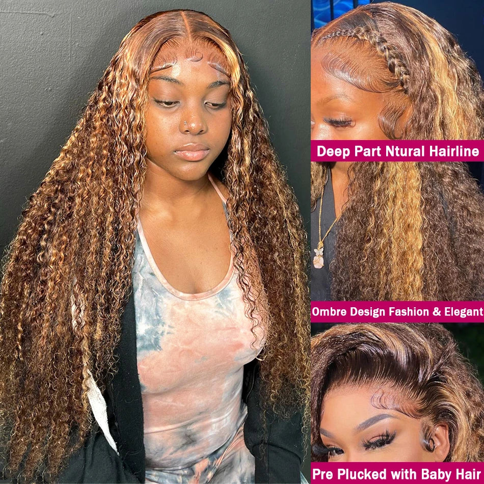 Serena Ombre Blonde Highlight Deep Wave Curly Human Hair Wig – 13x4/13x6 HD Lace Frontal