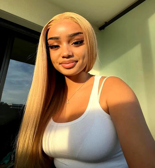 Serena 13x6 27# Honey Blonde Straight Human Hair Wig – 180% Density, HD Transparent Lace Front