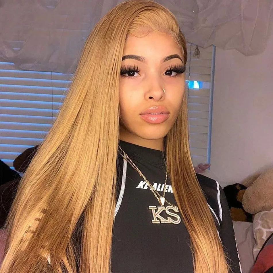 Serena 13x6 27# Honey Blonde Straight Human Hair Wig – 180% Density, HD Transparent Lace Front