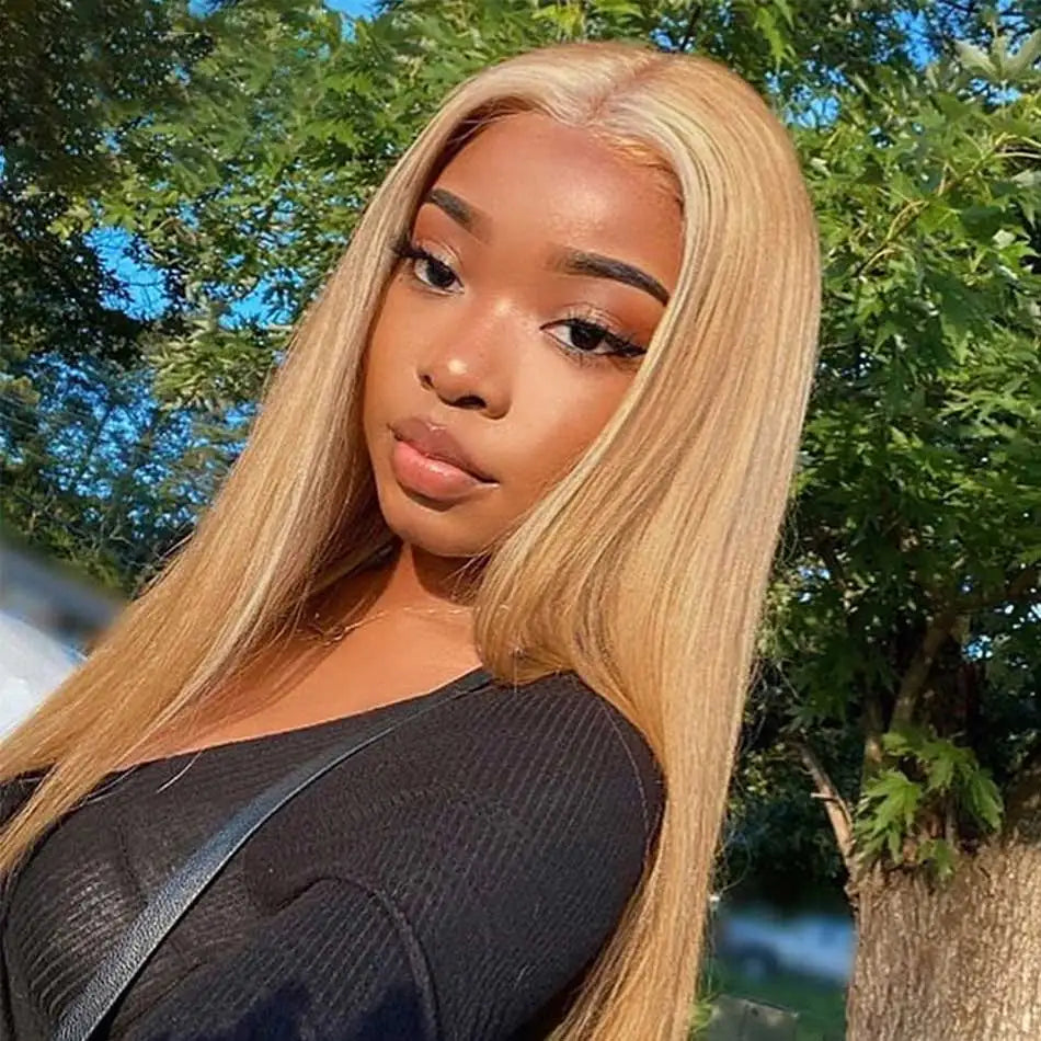 Serena 13x6 27# Honey Blonde Straight Human Hair Wig – 180% Density, HD Transparent Lace Front